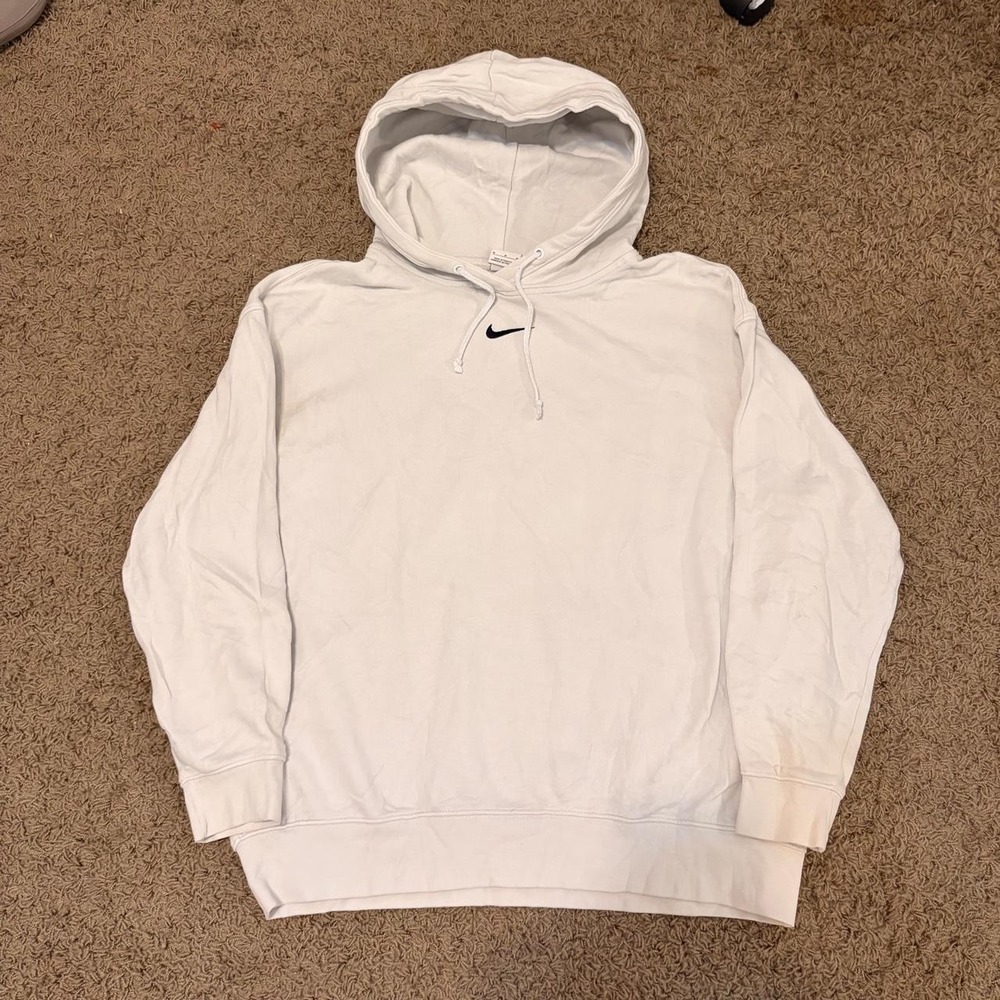 Nike Center Swoosh Hoodie Mens Medium White Pullover Sweatshirt Black Logo